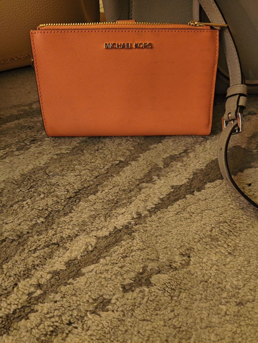 Michael Kors Orange Saffiano Crossbody Wallet with Gold Logo